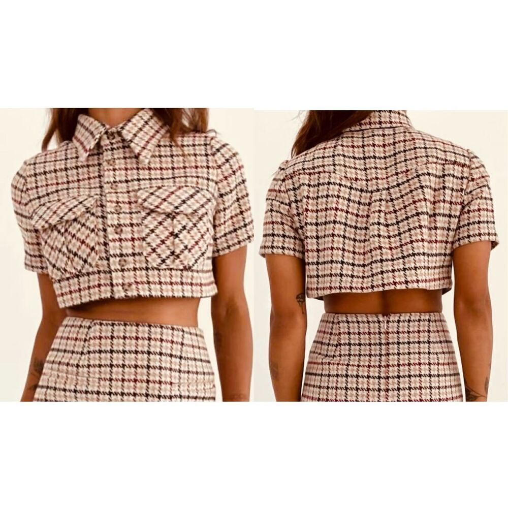 Rumored Coco Cropped Top Shacket SMALL Tan Newberry Plaid Tweedcore Choco Girl